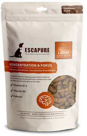 ESCAPURE Konzentration & Fokus - Natürlicher Lachsfilet Snack mit Kokosöl & Vitamin B für Hunde – Premium Protein Leckerli zur Stärkung des Nervensystems - ideal für mehr Aufmerksamkeit (150g)