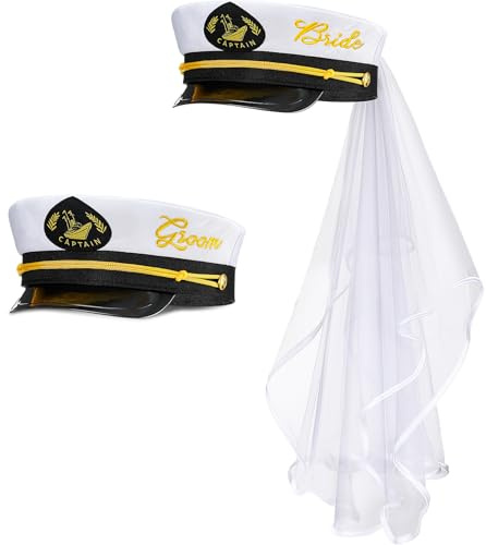 Geyoga 2 Pcs Groom Bride Captain Hat with Veil Bachelor Party Hat Captain Hat Bride Gift for Wedding Bridal Shower Honeymoon