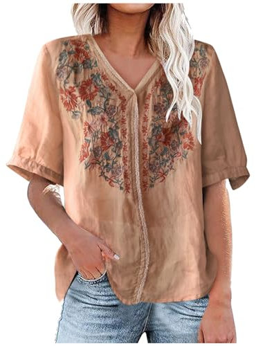 Musselin Bluse Damen Leicht Und Luftig, Sonderangebot Sommerliches Besticktes Kurzarmhemd, Sale Angebote Bluse Aus Baumwolle Und Leinen, Shirt Top Casual Fashion, Oberteile Elegant Schick