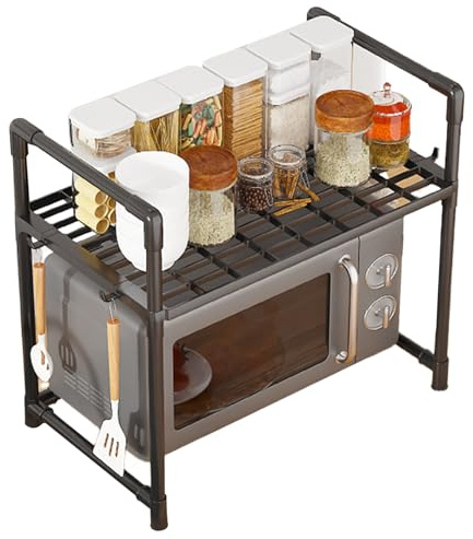 Sulxyi Expandable Microwave Shelf, Microwave Rack, Kitchen Corner Shelf, 2 tier Space-Saving Design Expandable & Adjustable Modern Aesthetic and Easy Assembly for Home Officce