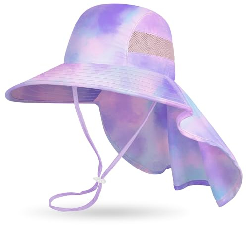 MHJY Kids Sun Hat Girls UV Protection Summer Hats Adjustable Beach Cap Unicorn Bucket Hats with Wide Brim Neck Flap for Toddlers 2-9 Years