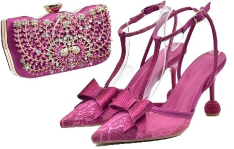 Set di scarpe da donna con fiocco e borsa, per feste di nozze, tacco alto e cinturino alla caviglia, pochette abbinate, Fucsia, 42 EU
