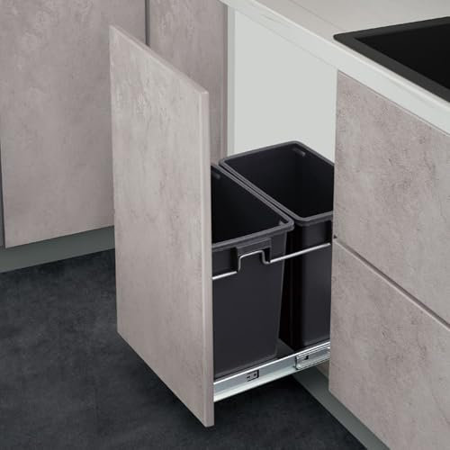 SanzIa Cubo de Basura Extraíble para Cubo de Basura Bajo Fregadero de Cocina/Pant, Cubo de Basura Extraíble con Guías de Extracción Total Cubos Extraíbles de 15L Cada Uno(36x50x44cm)