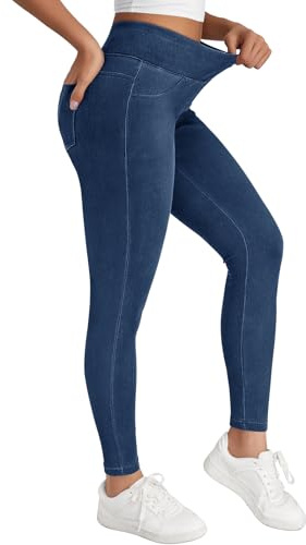 LILLUSORY Womens Jeggings High Waisted Stretch Jeans Skinny Tummy Control Denim Leggings with Pockets Trendy Pants Dark Blue M