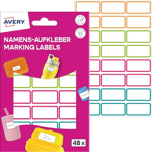 AVERY Zweckform NAME48C Namensaufkleber Kinder wasserfest 48 Stück (15x31mm, Folie, selbstklebende Namens-Etiketten, beschriftbare Namensschilder, Spülmaschinenfest, für Schule, Kindergarten) bunt