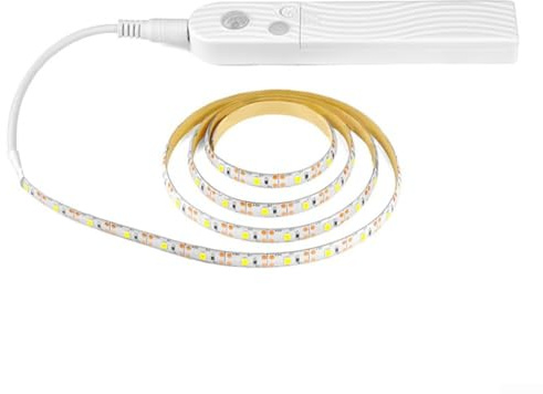 Tira de luz LED con sensor de movimiento, múltiples longitudes, funciona con pilas, alimentado por USB, tiempo ajustable, impermeable, para armario, cama, iluminación (luz blanca, 3 m)