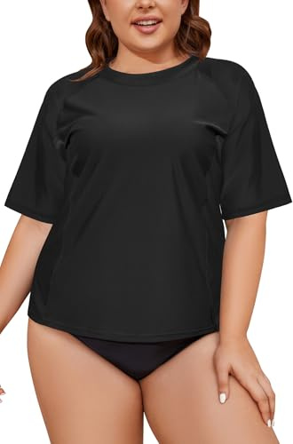 SHEKINI Womens Short Sleeve Rash Guard Tops Sun Protection Beach Swim Shirts for Women Quick Dry Lightweight Printed Swimming Tops Plus Size