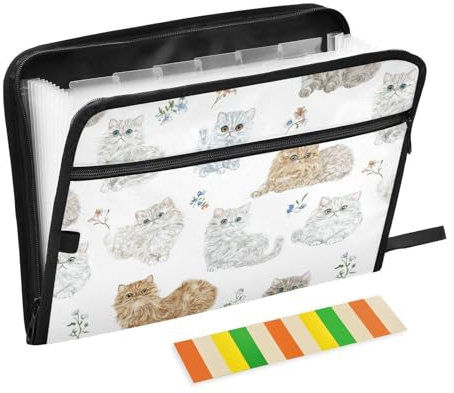KLL Dateiordner Organizer Tasche erweiterbar Datei Ordner Kunststoff Tragbare Datei Ordner mit Reißverschluss für Speisekarten für Restaurants, Cartoon Selkirk Rex Cats Weiß