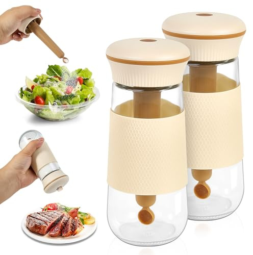 Salt Shakers for Kitchen with Measuring Spoon, BPA-Free Glass 2-in-1 Spice Jars Shake Less Salt & 1g Scoop, Fine Salt Container for Low Sodium and Salt People, Easy Filling（2PCS）