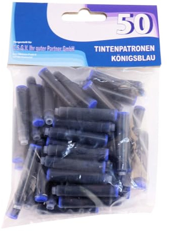 Lot de 50 cartouches d'encre bleu roi – Encre universelle effaçable et lavable – Taille standard – Compatible avec tous les stylos standard – Cartouches de rechange pour stylo plume et stylo roller