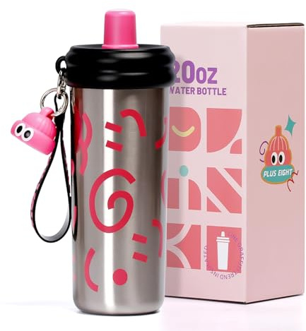 pluseight Gobelet en acier inoxydable avec paille, 600 ml / 20 oz, gobelet réutilisable à double paroi sans fuite, bouteille d'eau isotherme pour le voyage, thermos pour café (argent)