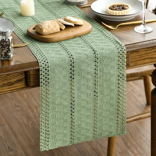 Artoid Mode Light Green Farmhouse Woven Rustic Bohemian Table Runner 30x143 cm, Hollow Seasonal Holiday Kitchen Dining Table Decoration for Home Party