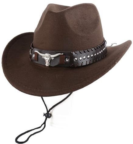 Aulivra Cowboyhut für Damen und Herren, Männer Western Westernhut mit Stierkopf-Dekor, Damen Retro Vintage Jazzhut, Einfarbige Cowgirlhüte für Erwachsene, Klassischer Western-Stil