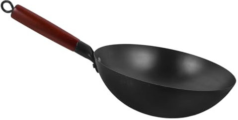 GLEAVI Sartén de Hierro Puro Wok Mango de Madera Wok de Hierro para Cocinar al Aire o Casa Gas