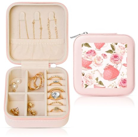 UVBDF Tasses à thé avec roses romantique shabby impression personnalisée boîte à bijoux, étuis de voyage, étui à bijoux de luxe, cadeau de Saint-Valentin, cadeaux de mariage