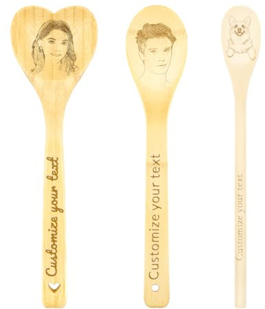 WALLFID Kochlöffel mit Gravur und Gesicht – Löffel personalisiert mit Foto und Text, Lustiger Holzlöffel für Geburtstag, Hochzeit, Muttertag, Einweihung, Kochlöffel personalisiert Geschenk