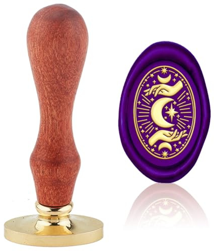 Hobbspring Mond Stern Wachsstempel Auswechselbarer Umschlag DIY Vintage Hand Oval Messingkopf Holzgriff für Weissagung Geschenk Geburtstagseinladung Weinetiketten Schule