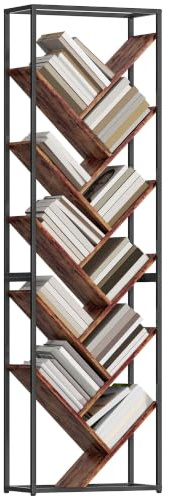 HOMCOM Tree Bookshelf 10 Tier Tall Display Bookcase Rustic Brown and Black | Floor Standing, Industrial Storage Shelving Unit, for Living Room, Home Office, Bedroom