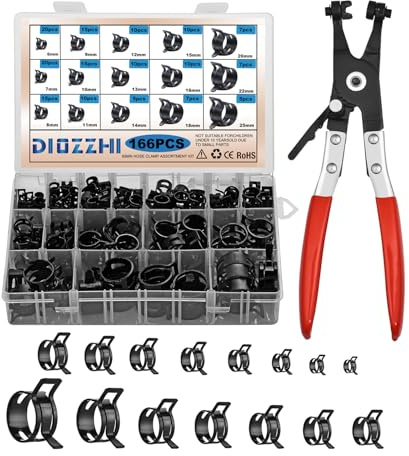 166-tlg. Schlauchschellen-Sortiment mit Kneifzange - Allround-Set mit Rostschutz (Dacromet), 6-25mm für Wasser, Luft, Kraftstoff, Vakuum und KFZ-Reparatur
