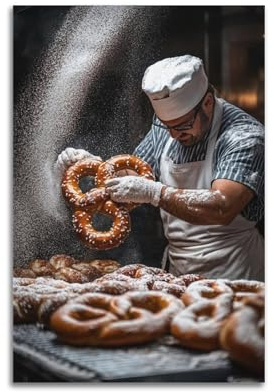 XYSXYCP Stampa artistica da parete con animali, tasso, panettieri, pasticceri a strisce ricoperti di farina mentre tirano pretzel giganti della famiglia moderna, decorazione per soggiorno, 40 x 60 cm