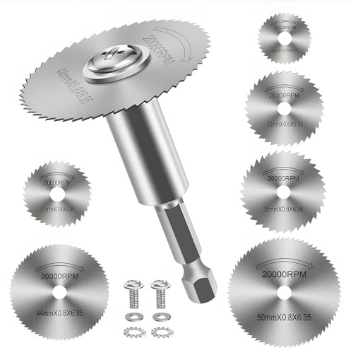 7 Piezas Discos de Corte para Taladro, Mini Hojas de Sierra HSS con Vástago Hexagonal 1/4 para Herramientas Multifunción como Dremel, Adecuado para Cortar Plásticos, Madera y Metales Blandos