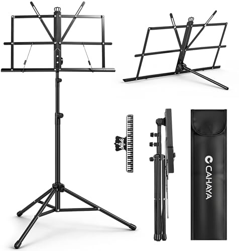 CAHAYA 2 en 1 Atril de Música Portátil – Escritorio & Suelo Atril, Altura Ajustable, Plegable con Bolsa y Pinza para Partituras, Ideal para Estudiantes, Músicos y Actuaciones al Aire Libre
