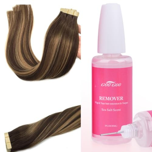 GOO GOO Tape in Hair Extensions Human Hair and Remover Kit, 16inch 20pcs 50g Human Hair Extensions Balayage Chocolate Brown to Strawberry Blonde with Professional Tape Glue Remover