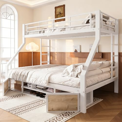 Litera para niños con Zapatero + Compartimentos para Objetos, litera para niños 90 x 200 + 140 x 200 cm, litera Doble de Metal con barandillas de Seguridad y Escalera, EN747, Blanco