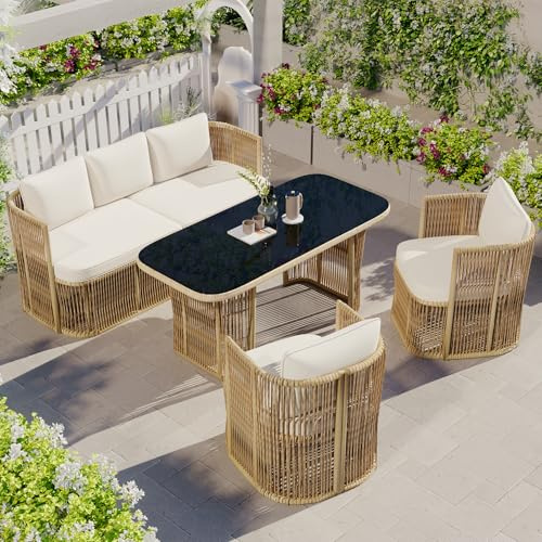 Merax Set di mobili da giardino in rattan sintetico, con divano a 3 posti, 2 poltrone e tavolo in vetro, per esterni, con cuscino da 8 cm, telaio in acciaio, per terrazza e balcone, beige e nero