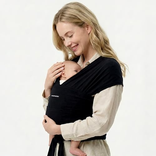 Momcozy Baby Wrap Carrier for 3.6-15kg, Adjustable Sling for Newborn, Black | For 0-12M Infants, Easy To Wear, Secure Snug Fit, Comfy Hands-Free Bonding, Breathable Stretchy Fabric, Ergonomic Support