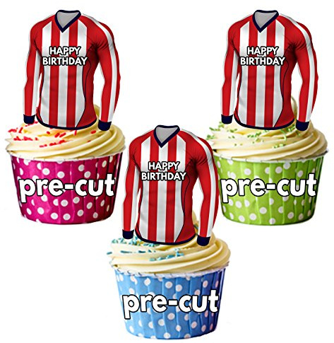 AK Giftshop PRECUT Happy Birthday Football Shirts - Edible Cupcake Toppers/Cake Decorations Red and White Striped Shirt Top(Pack of 12)