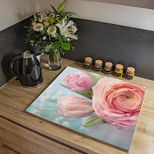banjado Kochfeldabdeckung Glas mit Blumen und Pflanzen Design frisch 60x52 cm einteilig, hitzebeständige Herdabdeckplatte mit Gumminoppen, Schneidebrett für Küche und Ceranfeld, mit Motiv Rosa Tulpe