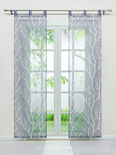 Delien Voile Schiebegardinen mit Äste Muster Flächenvorhänge Vorhang Gardine mit Schlaufen Komplett mit Paneelwagen Beschwerungsstange (2er-Set, je H/B: 245/57 cm)