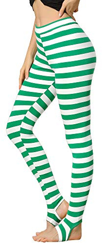 Allegra K Leggings da donna per il giorno di San Patrizio stampati a vita alta con elastico in vita pantaloni da yoga con staffa, Verde Bianco a righe, L