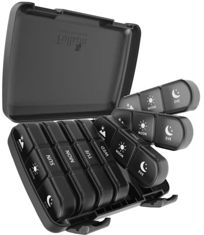 Fullicon Weekly Pill Box Organiser 3 Times A Day, Travel 7 Day Tablet Boxes with Large Compartments for Medicine, Medication, Vitamin, Supplement and Fish Oil Supplements (Black)