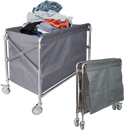 mosegor Wäschewagen Edelstahl, Klappbar Wäschekorb mit Rollen, Kommerzieller Hotel Wäschesortierwagen mit Räder, Wäschekorbwagen mit abnehmbaren Oxford-Gewebe Tasche, 100kg Tragkraft, 87x52x78cm