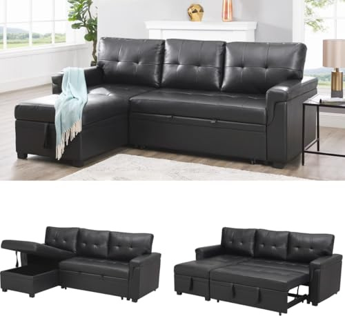 Naomi Home L Shaped Sectional Couch with Storage & Pull Out Bed – 3-in-1 Convertible Sleeper Sofa Bed, Small L Shape Sofa for Living Room, Sofa Bed with Storage Chaise in Black, Air Leather