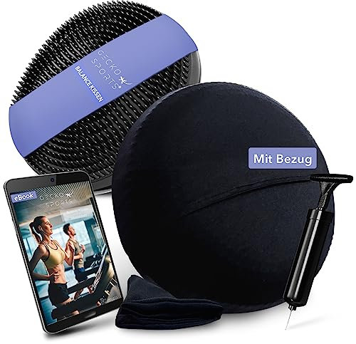 Gecko Sports® Balancekissen mit BEZUG 33 cm schwarz – angenehm weiches Ballsitzkissen inkl. Pumpe, Turnbeutel & eBook – Premium Sitzkissen für Büro & Fitness – ergonomisches Luftkissen