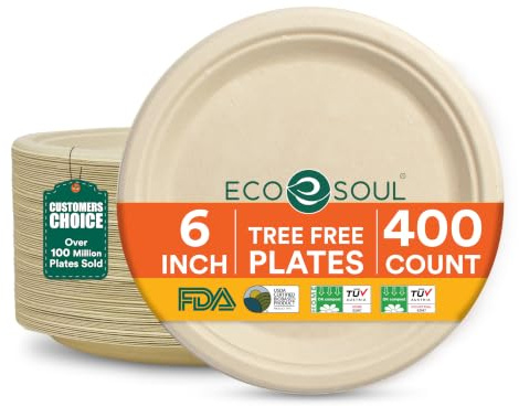 ECO SOUL 15 Cm (6 Zoll) Kompostierbare Teller (400 Stück) | 100% Biologisch Abbaubar | Einweg & Umweltfreundlich | Robuste Teller aus Zuckerrohr | Ideal für Vorspeisen, Snacks & To-go