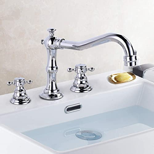ZYCDP Waschbecken Armaturen Retro, Messing, 3 Löcher Waschbecken Mischbatterie Armaturen, Kaltes und Heißes Wasser Vorhanden, Waschbeckenarmatur Badarmatur mit Kreuzgriff, Chrom
