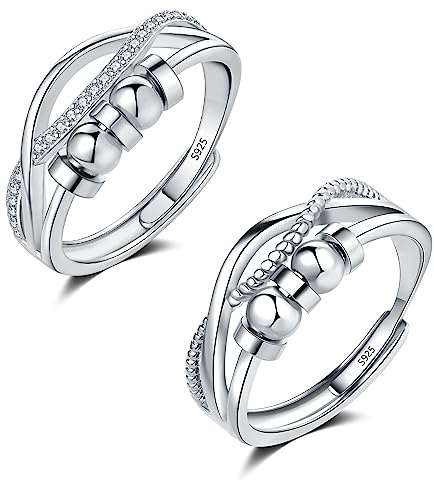 Loutade Silber Anxiety Rings, 2PCS 925 Sterling Silber Angst Ringe Set, Offen Einstellbar Silber Angstringe Trauringe, Unendlichkeit Spinner Fidget Ring Zappelringe Anti-Stressring für Damen Herren