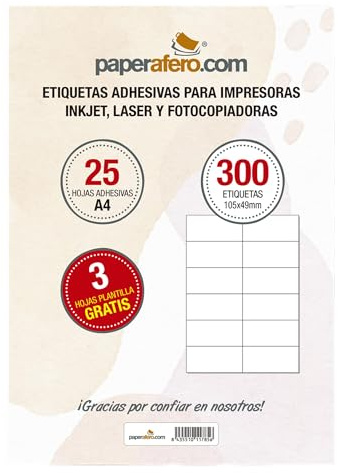 Självhäftande pappersetiketter | 300 etiketter | storlek 105 x 49,5 mm | självhäftande papper för utskrift på alla skrivare, perfekta självhäftande vita klistermärken för hushåll och yrkesmässigt bruk