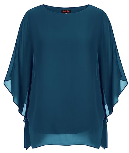 Hanna Nikole Camicetta da donna in chiffon, elegante a pipistrello, a doppio strato, larga, lunga, Blu pavone, 52 Große Größen