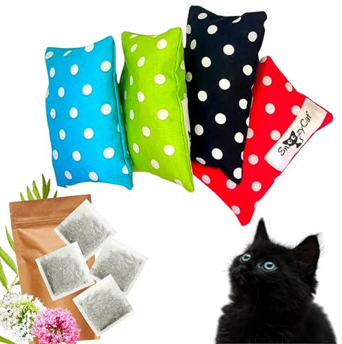 SNOOZYCAT® 4 Stück wiederbefüllbare Katzenkissen mit 4 Stück natürlicher 100% Katzenminze oder Baldrian zum nachfüllen für Katzen, handgemacht und waschbares Duftkissen, Made in Germany (Baldrian)