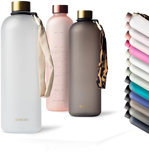 MAMEIDO dricksflaska 1,5l - kolsyra lämplig, läckagesäker dricksflaska med tidsmarkör som drickspåminnelse, vattenflaska BPA-fri för sport (Frosted White Gold, 1500ml)