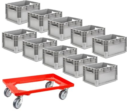 SSI Schäfer EuroBox ELB 4220 grau 10er Set 40x30x22cm mit Rollwagen | 10x Aufbewahrungsbox Kunststoffbehälter 20,4L gebraucht inkl. neuem Transportroller belastbar bis 300kg, stapelbar