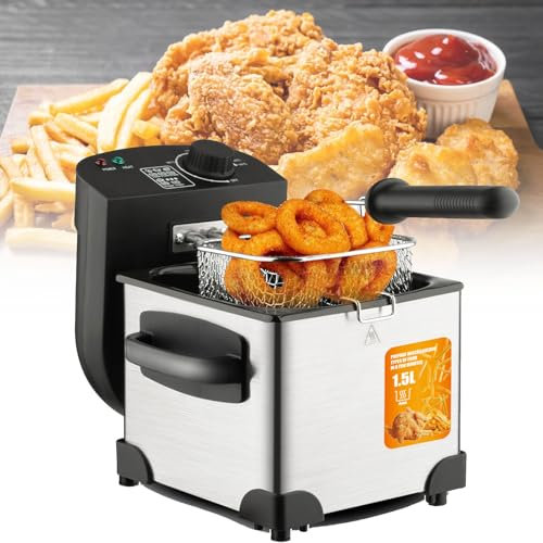 NVYAZJ Electric Deep Fryer, Deep Fat Fryer with 1.5L Adjustable Temperature 0℃-190℃ Control Removable Oil Basket Easy Clean Stainless Steel Material, UK Plug, for Home Chicken Fries
