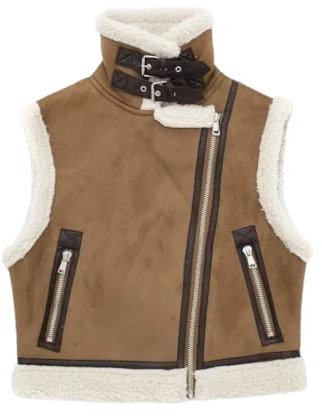 Ornrjfll Frauen Faux Schaffell Weste Chic Lady Faux Leder Fleece Warme Weste Frau Ärmellose Jacke, Khaki9, 42