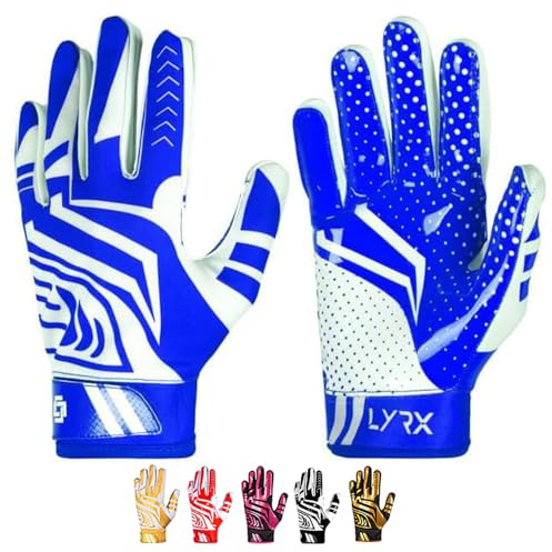 LYRX Professional Football Receiver Gloves with Optimal Silicone Palm Non-Slip Grip Control Ultra-Stick Sports Lightweight Glove and Precision Fit (Blue, Youth X-Small)
