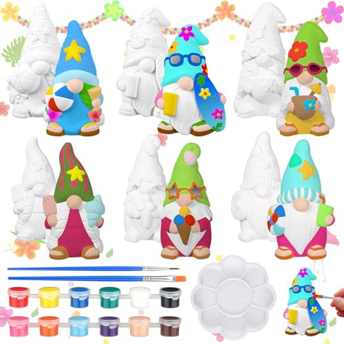 CroBlissful 6 Sets Paint Your Own Ceramic Gnome Statues Ready to Paint Ceramics Paintable Gnome Figurines Unpainted Plaster Arts and Crafts with Brush Palette for Adults
